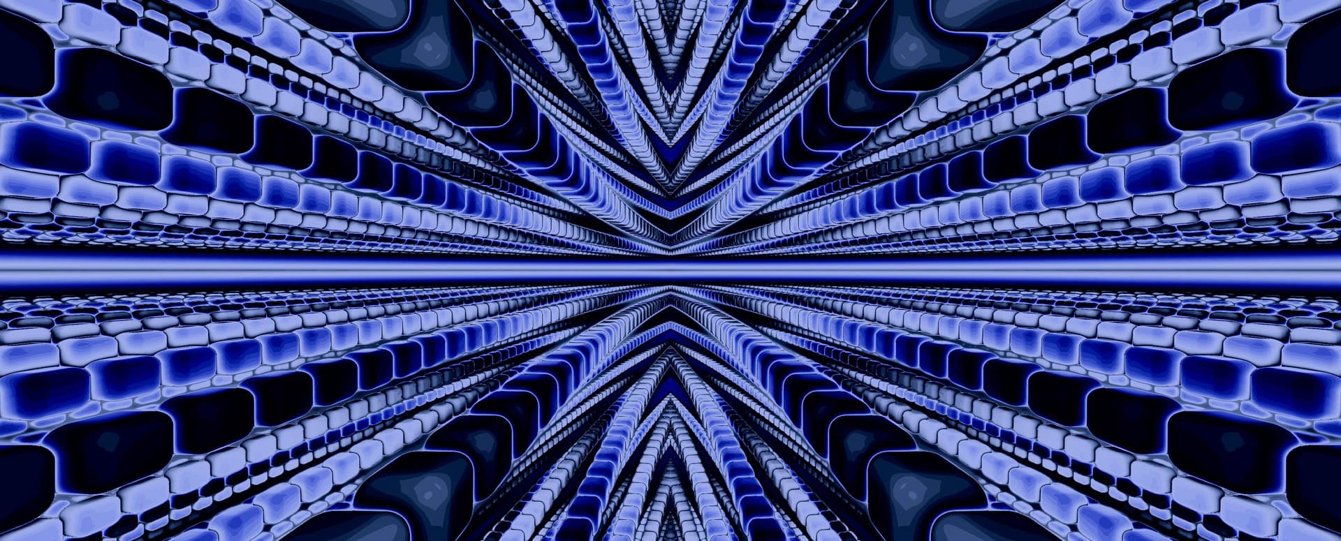 A mesmerizing symmetrical composition featuring radiating geometric patterns in electric blues and deep blacks, creating the illusion of an infinite tunnel or corridor. The glowing, rounded rectangular forms suggest both futuristic architecture and organic cellular structures, evoking a dreamlike journey through digital space.