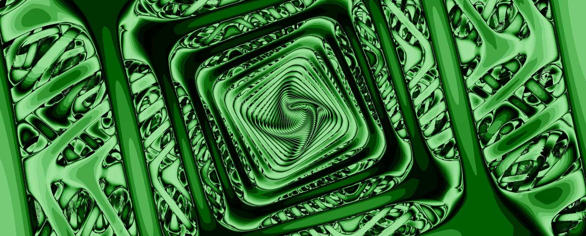 A mesmerizing tunnel of nested green forms spirals inward with organic, undulating edges that create a hypnotic depth. The monochromatic emerald palette and recursive geometry evoke both natural growth patterns and dreamlike consciousness, pulling the viewer into its verdant vortex.