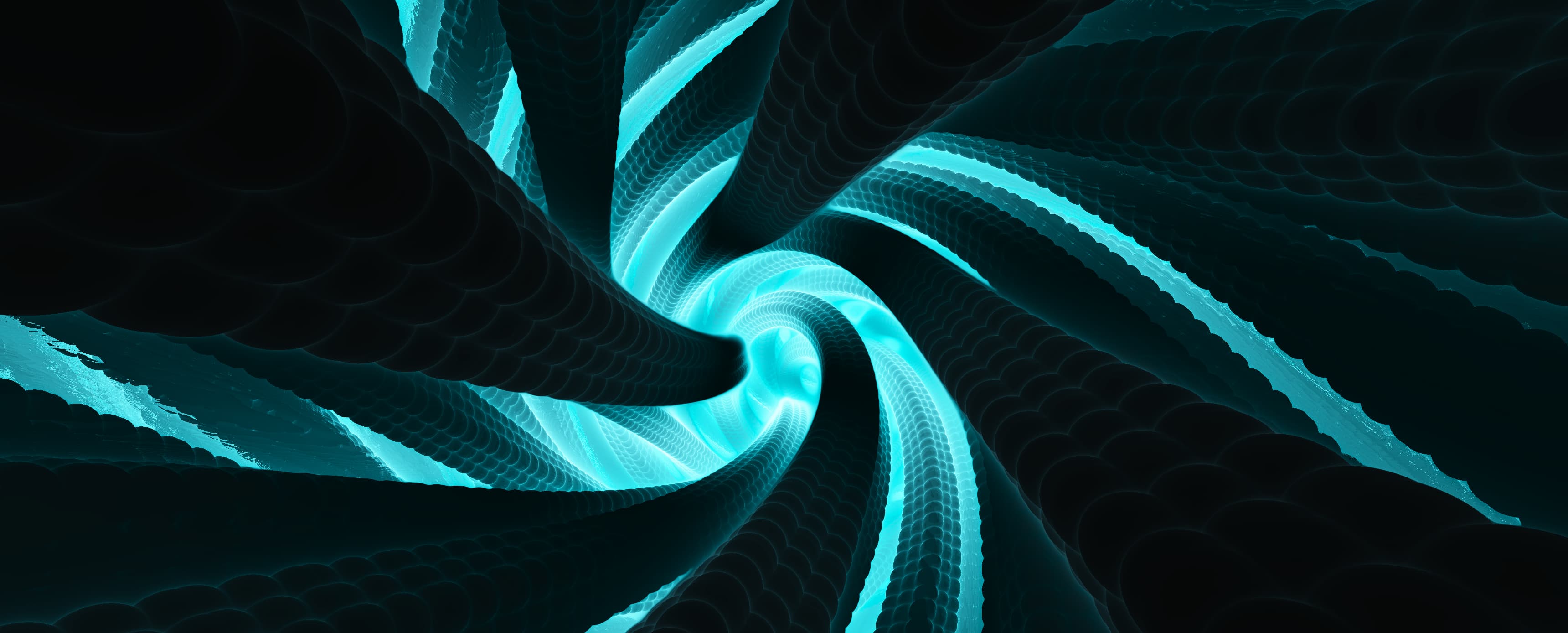 A mesmerizing spiral of luminous cyan ribbons twists through deep darkness, their textured surfaces glowing like bioluminescent sea creatures in an abyssal void. The composition evokes both natural fluidity and otherworldly energy, creating a hypnotic sense of motion frozen in time.