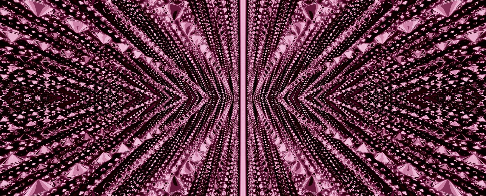 A mesmerizing radial composition in deep rose and magenta hues, featuring an explosive burst of crystalline pyramid shapes emanating from a central vertical axis. The intricate pattern creates a hypnotic tunnel effect with jewel-like facets that shimmer with luxurious, almost baroque intensity.