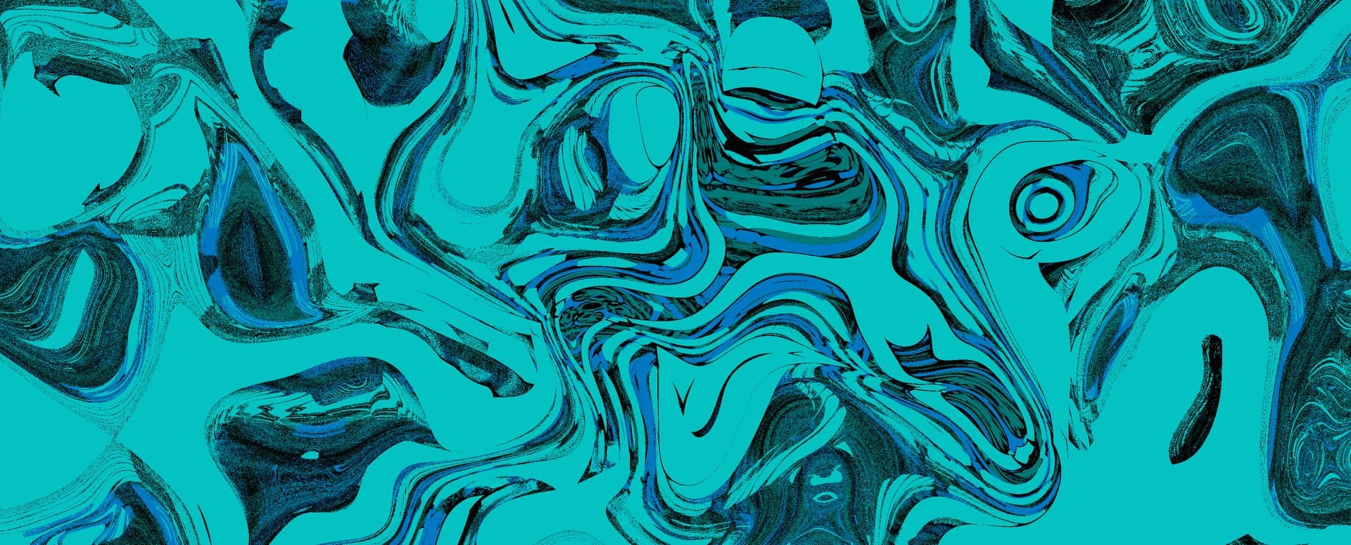 A turbulent marbled composition in vivid turquoise and deep navy, with swirling organic forms that evoke underwater currents and liquid paint mixing in chaotic, hypnotic patterns.